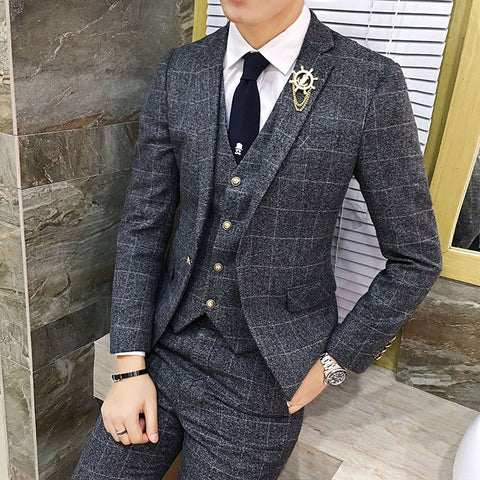 ( Jacket + Vest + Pants ) 2019 Men's England Plaid Casual Suit Mens Classic Single Button Official Suit Groom Wedding Dress Suit